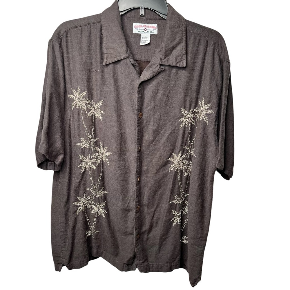 Boca Classics Shirt Mens‎ Large Button-Up Palm Tree Leaves Embroidered Coal Gray